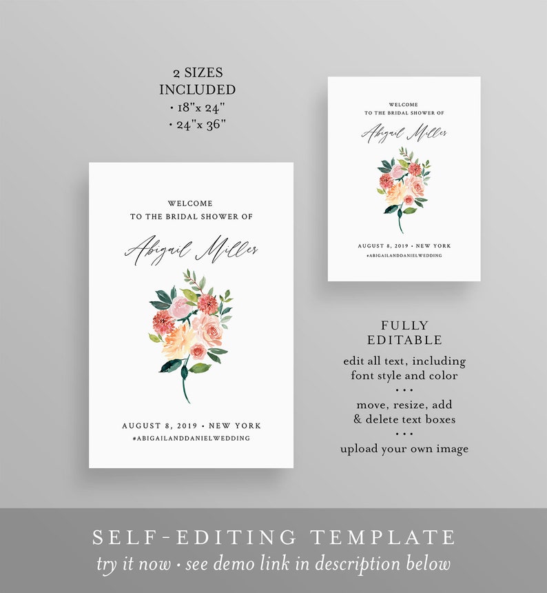 Editable Templett #002-171LS Wedding or Baby Shower Poster Floral Summer Garden Bridal Shower Instant Download Welcome Sign Template