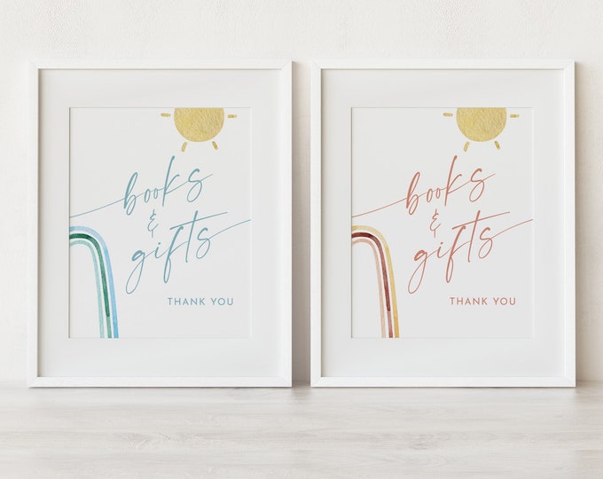 Books and Gifts Sign, Boho Rainbow Baby Shower, Cards and Gifts, Editable Template, Printable, Instant Download, Templett, 8x10 #0055-52S