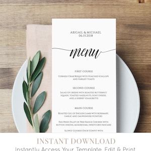 Plantilla de tarjeta de menú, menú de cena rústica, tarjeta de menú de boda imprimible, plantilla totalmente editable, descarga instantánea, bricolaje, Templett #020-101WM
