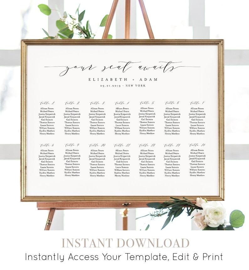 May include: A printable wedding seating chart template with a white background and black text. The chart is titled "your seat awaits" with the names Elizabeth and Adam and the date 09.21.2019. The chart lists tables 1 through 12 with guest names.