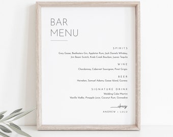 Minimalist Bar Menu Sign, Printable Wedding Bar Menu, Alcohol Drinks Menu, 100% Editable Template, Instant Download, Templett #094-101BM