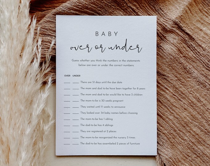 Over or Under Baby Shower Game, Printable Minimalist Baby Shower Game, 100% Editable Text, Instant Download, Templett  #0031-309BASG