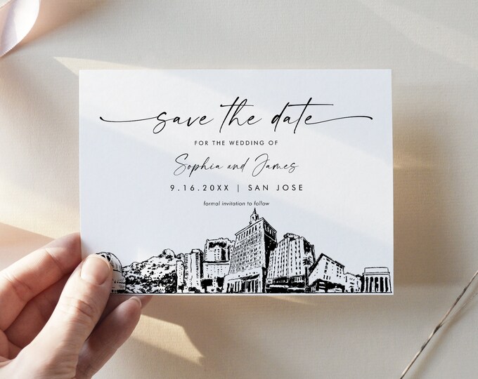 San Jose Skyline Save the Date, Destination Wedding San Jose Wedding Date, Editable Template, Instant Download, Templett, 5x7 #0047-212SD