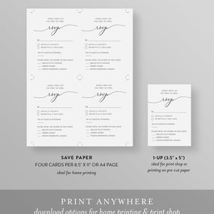 May include: Four printable RSVP cards with a simple, elegant design. The cards are white with black text and a handwritten-style "RSVP" in a cursive font. The cards include a section for guests to indicate their attendance, meal choice, and any additional information.