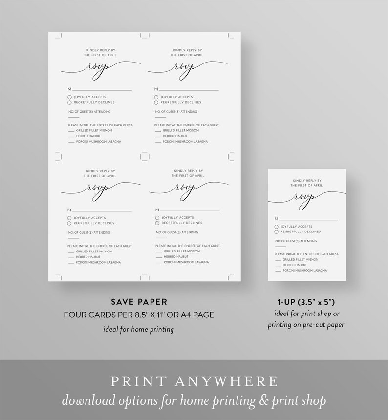 May include: Four printable RSVP cards with a simple, elegant design. The cards are white with black text and a handwritten-style "RSVP" in a cursive font. The cards include a section for guests to indicate their attendance, meal choice, and any additional information.