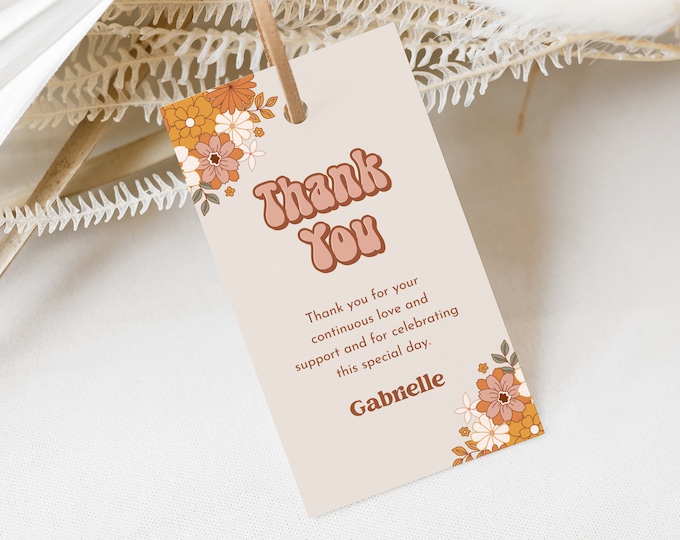 Groovy Favor Tag for Bridal / Baby Shower, Wedding, Editable Retro 70's Thank You Tag, Hippie, Instant Download, Templett #050-213FT