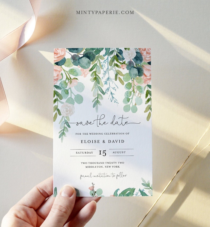 Lush Garden Save the Date Template, 100% Editable Text, Greenery & Blush Floral Wedding Date, Templett, Instant Download 068A-182SD image 1