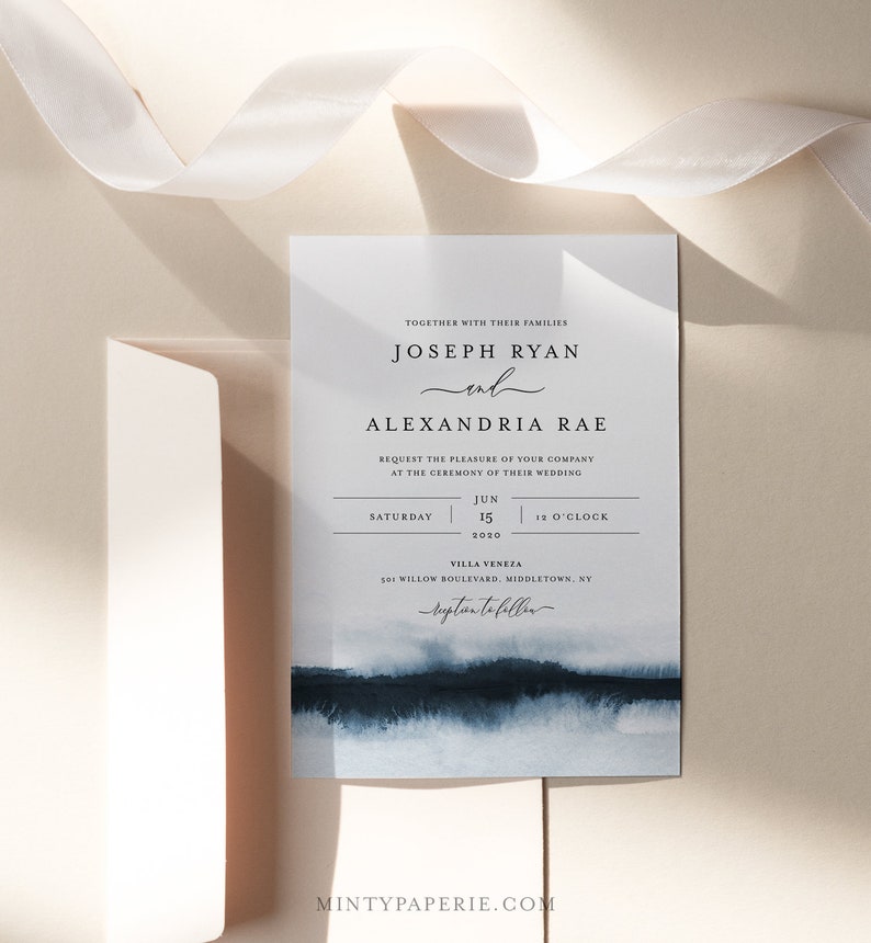 May include: Wedding invitation with a watercolor background in shades of blue. The invitation features the names Joseph Ryan and Alexandria Rae, the date Saturday, June 15, 2020, and the time 12 o'clock. The invitation also includes the location Villa Veneza, 501 Willow Boulevard, Middletown, NY.