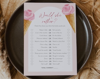 Ice Cream Would She Rather Bridal Shower Game Template, Summer Bridal Shower Printable, Editable Template, Instant, Templett #0035-04BRG