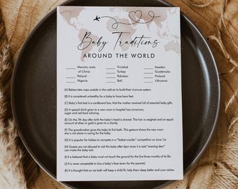 Adventure Baby Traditions Around the World, Travel Theme Baby Shower Game, World Map, Editable Template, Instant, Templett #0039-39BAG