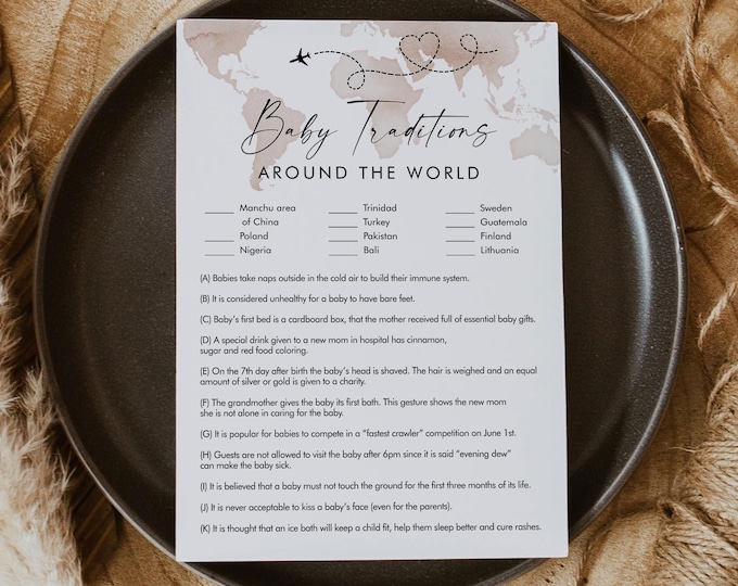 Adventure Baby Traditions Around the World, Travel Theme Baby Shower Game, World Map, Editable Template, Instant, Templett #0039-39BAG
