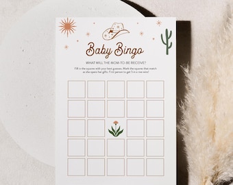 Western Baby Bingo Game, Printable Cowboy Rodeo Country Baby Shower Game Template, Instant Download, Editable, Templett #0050-11BAG