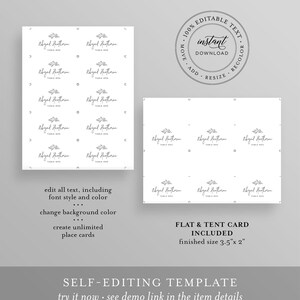 May include: Editable template for creating place cards. The template features a simple floral design and the text "Abiyed Hauthorn, Table One". The template is available in both flat and tent card styles and measures 3.5 inches by 2 inches.