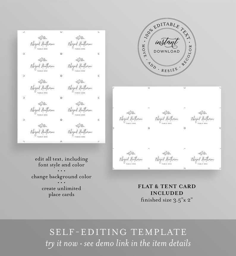 May include: Editable template for creating place cards. The template features a simple floral design and the text "Abiyed Hauthorn, Table One". The template is available in both flat and tent card styles and measures 3.5 inches by 2 inches.