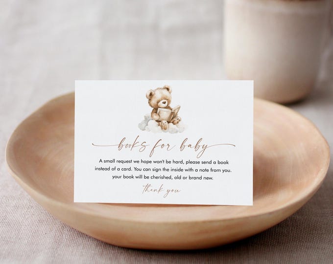 Teddy Bear Books for Baby Card, Book Request, Gender Neutral Baby Shower Invitation Book Insert, Editable Text, Templett #0063-179BFB