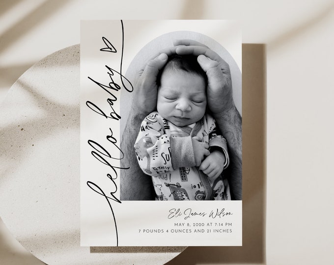 Photo Birth Announcement, Baby Announcement Card, Newborn, Modern, Editable Template, Printable, Instant Download, Templett #0032-110BAC