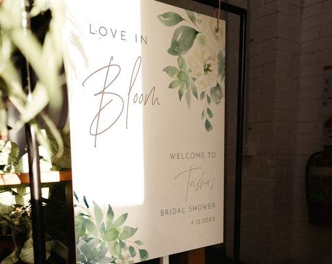 Bridal Shower Welcome Sign, Editable Template, Wedding Welcome Sign, Love in Bloom Greenery, Instant Download, 18x24, 24x36 #075D-359LS