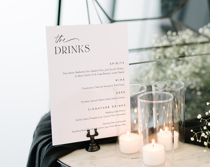 Drink and Dinner Menu Sign, Printable Modern Wedding Reception/ Bar Menu Sign, Editable Template, Instant, Templett, 8x10 #0032-223WM