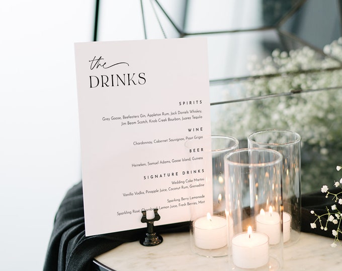 Drink and Dinner Menu Sign, Printable Modern Wedding Reception/ Bar Menu Sign, Editable Template, Instant, Templett, 8x10 #0032-223WM