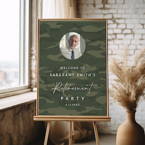 Retirement Party Welcome Sign, Military, Army, Camouflage,  Editable Template, Templett, Instant Download, 18x24, 24x36 #0037-361LS
