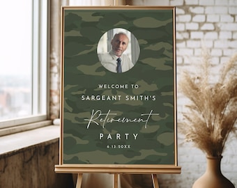 Retirement Party Welcome Sign, Military, Army, Camouflage,  Editable Template, Templett, Instant Download, 18x24, 24x36 #0037-361LS