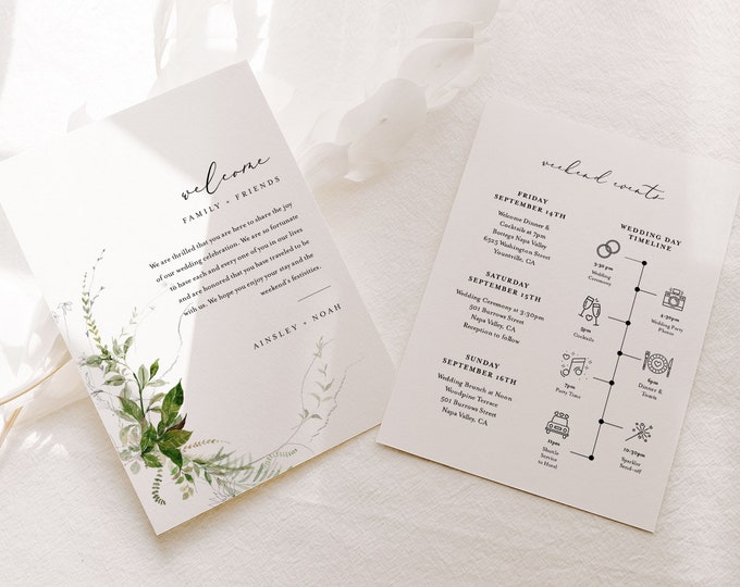 Modern Greenery Welcome Letter & Timeline Template, Minimal Wedding Order of Events, Itinerary, INSTANT DOWNLOAD, 100% Editable #0011-173WB