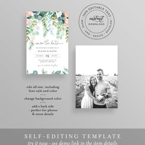 Lush Garden Save the Date Template, 100% Editable Text, Greenery & Blush Floral Wedding Date, Templett, Instant Download 068A-182SD image 4