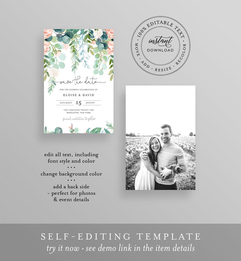 Lush Garden Save the Date Template, 100% Editable Text, Greenery & Blush Floral Wedding Date, Templett, Instant Download 068A-182SD image 4