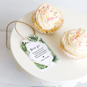 May include: A green and gold geometric frame with tropical leaves and the text "Thank you" and "We thank you for your continuous love and support and for spending this special day with us. Lindsey + Bradley".