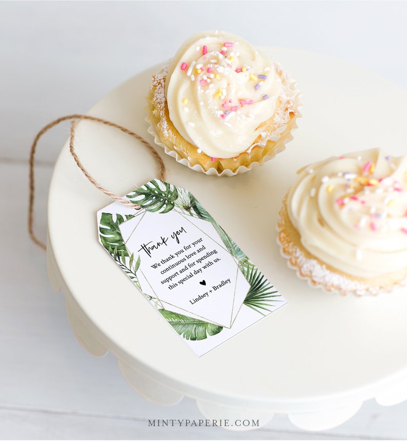 May include: A green and gold geometric frame with tropical leaves and the text "Thank you" and "We thank you for your continuous love and support and for spending this special day with us. Lindsey + Bradley".