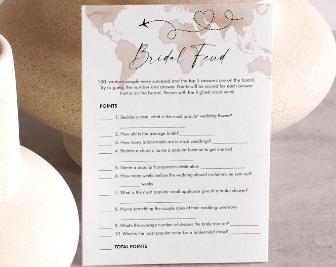 Bridal Family Feud Game, Wedding Feud, Printable Travel Theme Bridal Shower Game, Editable Template, Instant Download, Templett #0039-28BRG