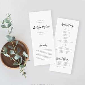 May include: Wedding ceremony programme with a black and white design. The programme includes the names of the wedding party, the officiant, and the order of events for the ceremony. The text "Welcome to the Wedding of Katelyn & Max" is at the top of the programme.