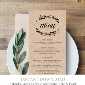 Rustic Wedding Menu Template, Printable Menu Card, Editable Template, Instant Download, DIY Wedding Reception Menu, Templett 023-113WM image 1