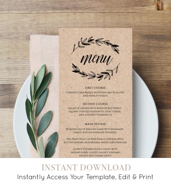 Rustic Wedding Menu Template Printable Menu Card Editable Etsy