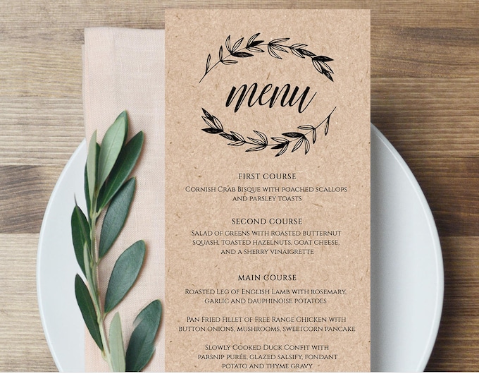 Rustic Wedding Menu Template, Printable Menu Card, Editable Template, Instant Download, DIY Wedding Reception Menu, Templett  #023-113WM