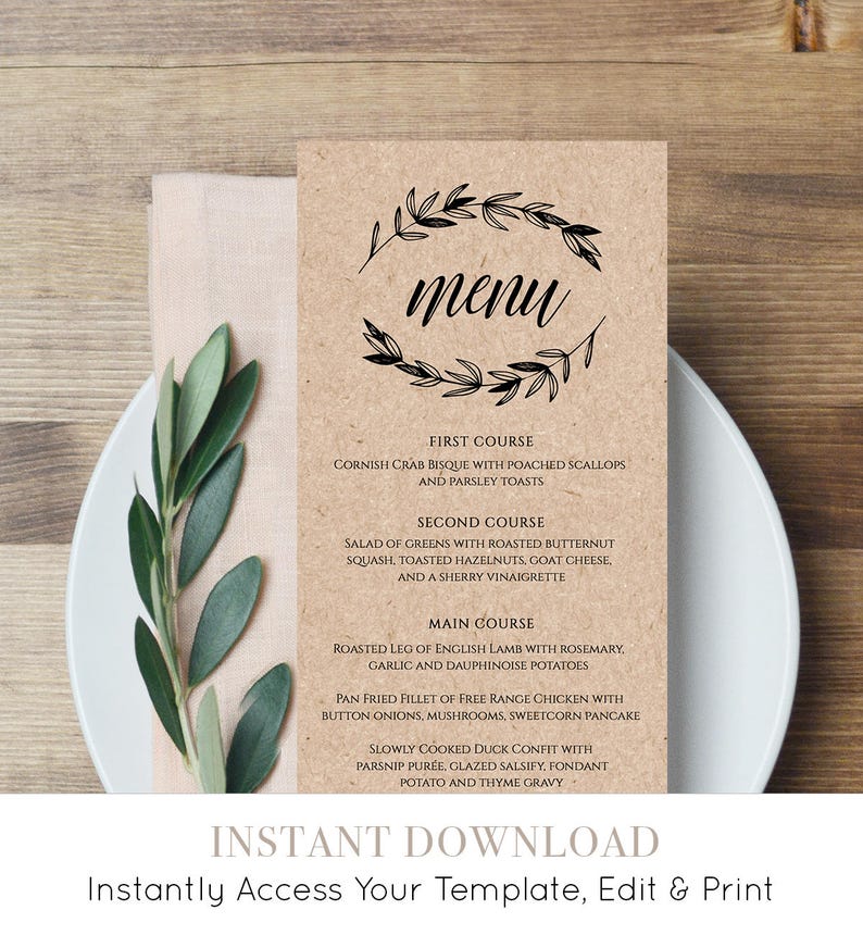 Rustic Wedding Menu Template, Printable Menu Card, Editable Template, Instant Download, DIY Wedding Reception Menu, Templett 023-113WM image 1