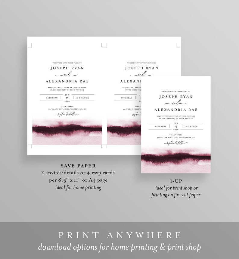 Burgundy Watercolor Wedding Invitation Set, Wine, Vineyard Theme, Modern, Minimalist, Editable Template, Instant Download, Templett 093B image 5