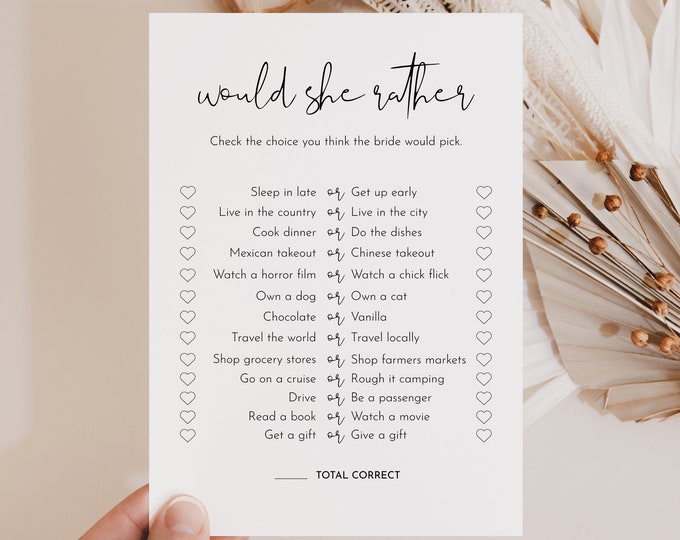 Would She Rather Bridal Shower Game Template, Minimalist Bridal Shower Printable, Editable Template, Instant Download, Templett #0031-04BRG