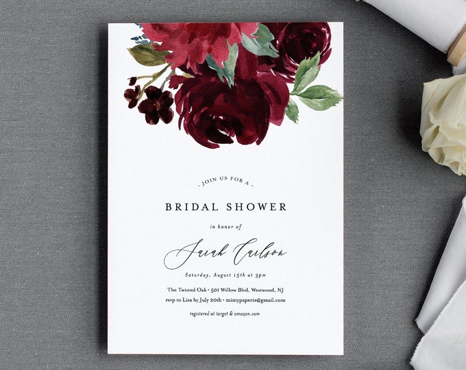 Bridal Shower Invitation Template, Couples Shower Invite, Red & Burgundy Watercolor Florals, INSTANT DOWNLOAD, 100% Editable Text #062-167BS