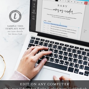 May include: A laptop computer with a white background showing a baby shower game template. The game is called "Baby Over or Under" and asks guests to guess whether the numbers in the statements below are over or under the correct numbers. The template is fully editable and can be edited on any computer.