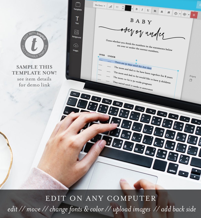 May include: A laptop computer with a white background showing a baby shower game template. The game is called "Baby Over or Under" and asks guests to guess whether the numbers in the statements below are over or under the correct numbers. The template is fully editable and can be edited on any computer.