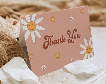 Groovy Thank You Folded & Flat Card, Retro Hippie Girl Baby Shower, Birthday Thank You, Editable Template, Templett, 3.5x5 #051-226TYC