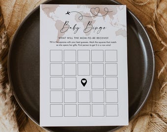 Adventure Baby Bingo Game, Printable Travel Theme Baby Shower, World Map, Instant Download, Editable Template, Templett, 5x7 #0039-11BAG