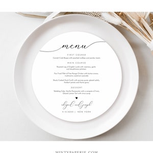 Okrągły lub kwadratowy szablon menu, do wydrukowania minimalistyczna, nowoczesna i prosta karta menu kolacji weselnej, w 100% edytowalna, natychmiastowa, szablon #024-217WM