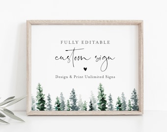 Pine Tree Custom Sign Template, Wedding or Bridal Shower Table Sign, Rustic Woodland, Create Any Sign, INSTANT DOWNLOAD, Templett #073-132CS