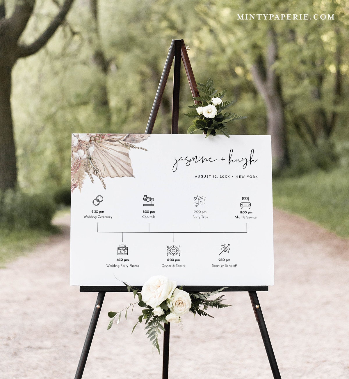 Boho Welcome Sign Template, Printable Wedding Day Timeline with Icons