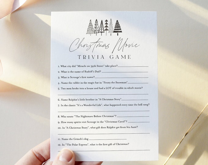 Christmas Movie Trivia Game, Holiday Party Game Printable, Minimalist, Family Trivia, Instant Download, Templett 5x7 #0025-125CG