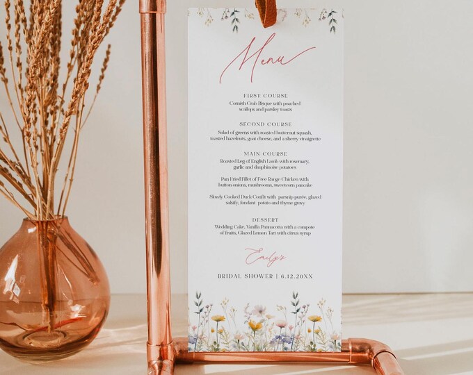 Wildflower Menu, Printable Bridal / Baby Shower Dinner Menu Card, Floral Wedding, Editable Template, Instant Download, Templett #0067-159WM