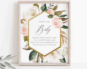 Don't Say Baby Clothespin Game, Magnolia Baby Shower Sign, 100% Editable Template, Printable, Instant Download, Templett  #015-226BASG