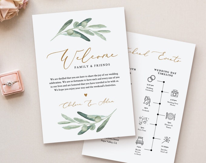 Welcome Bag Letter & Timeline Template, Printable Wedding Order of Events, Editable Itinerary, INSTANT DOWNLOAD, Olive Greenery #081-126WB